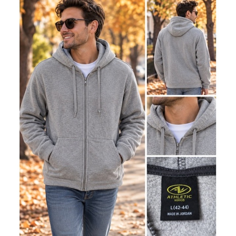 Athletic Works Mens Full Zip Hoodie Gray Fleece Sweatshirt L 42-44 AW35100139371